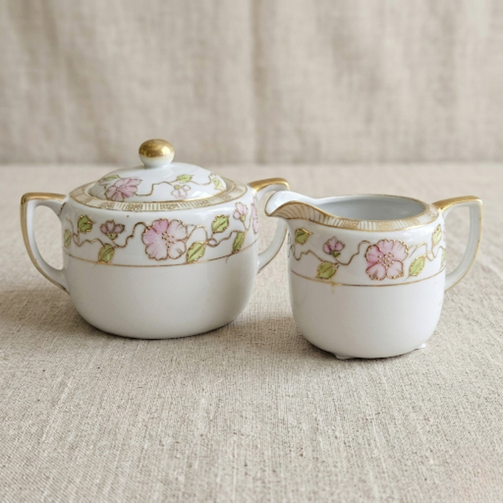 Antique Japanese Nippon Porcelain Cherry Blossom Creamer & Covered Sugar Bowl